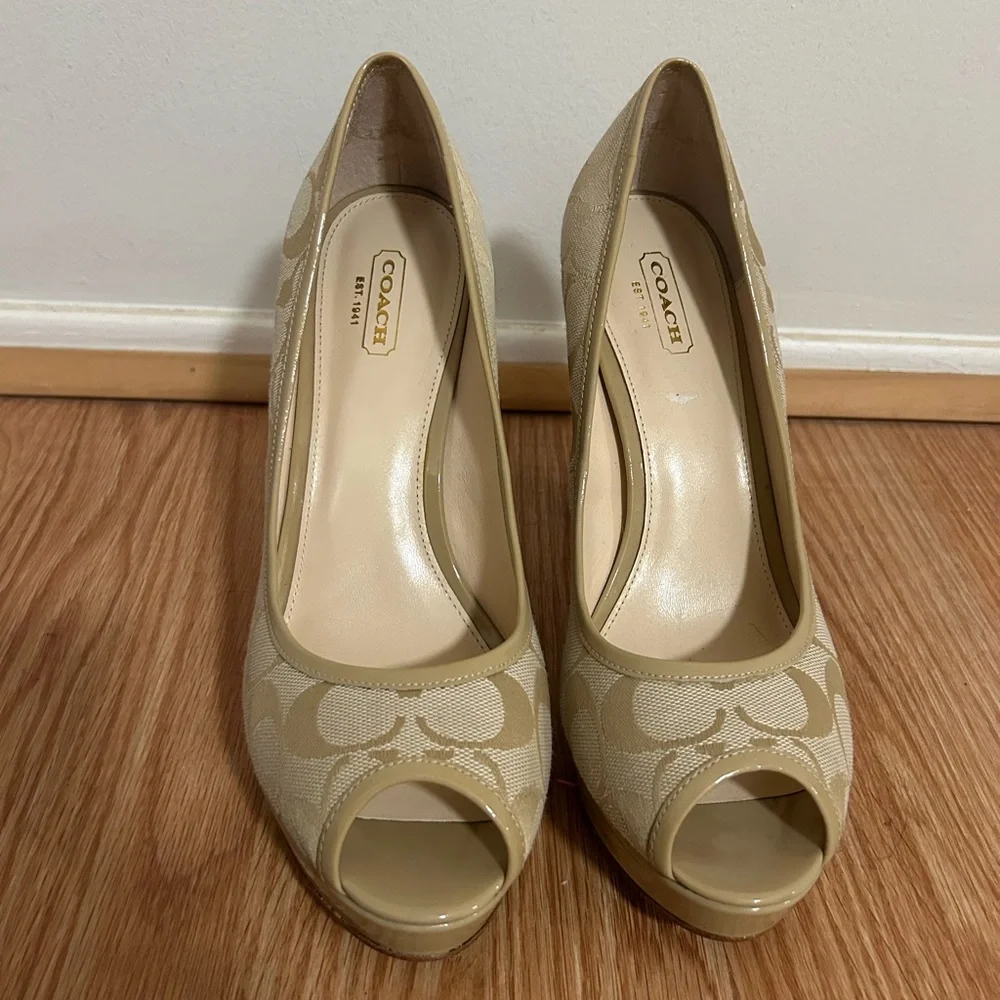 Coach Beige Signature Canvas Peep-Toe Platform Pumps - Picture 2 of 4